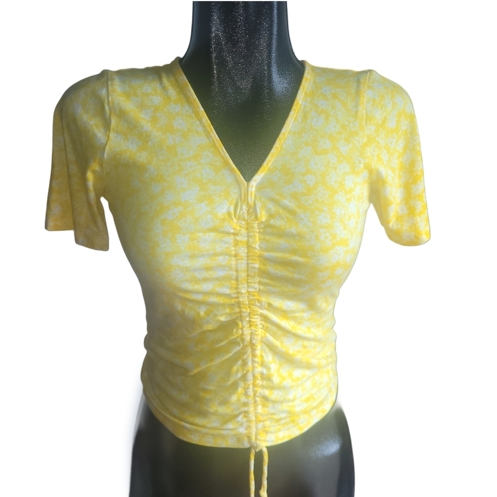 Michael Kors Yellow and White Short Sleeve Drawstring Front Top XS